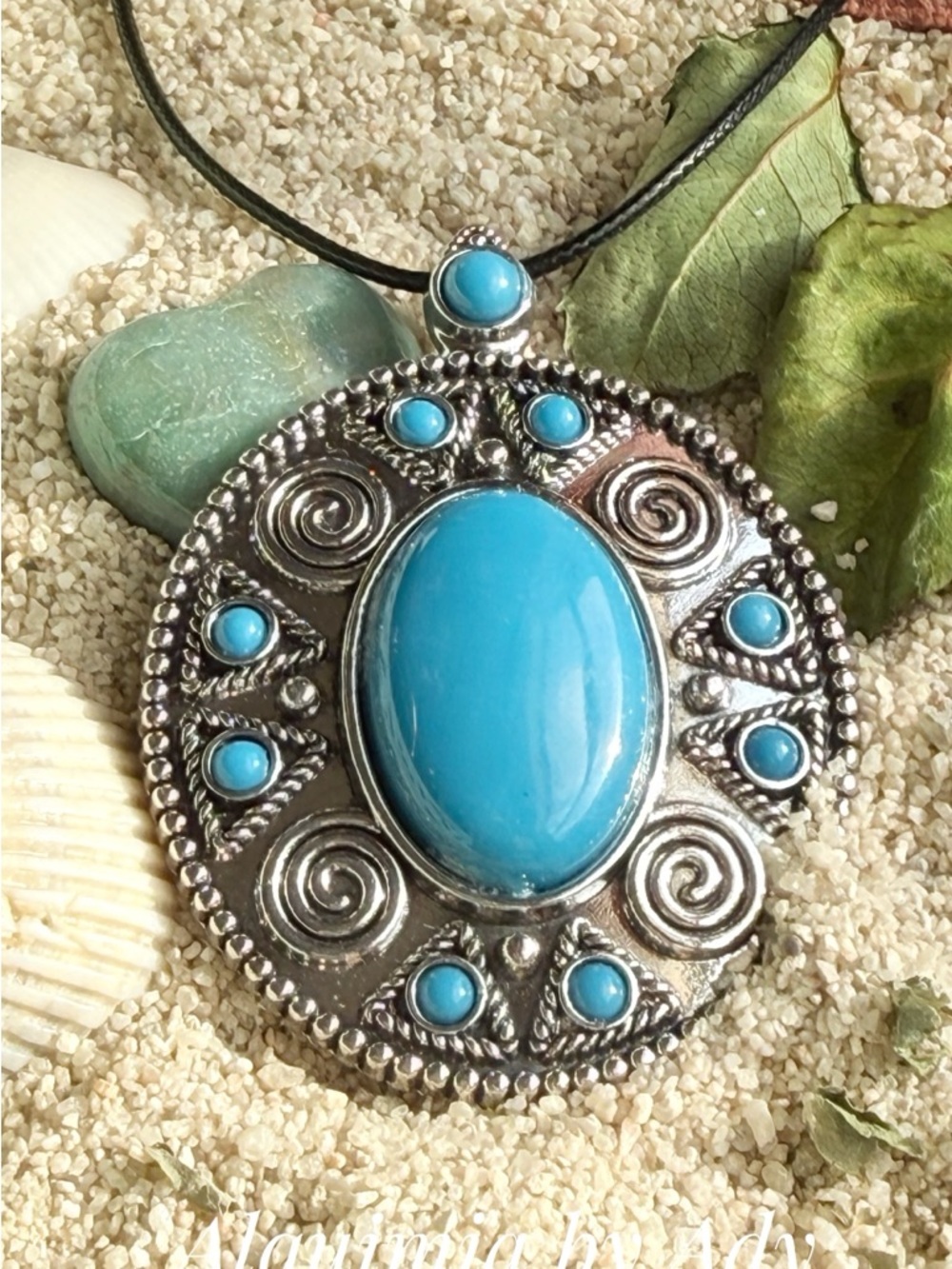 BRUTALIST Silver-Tone Turquoise Blue Oval Pendant Necklace + BLACK CORD